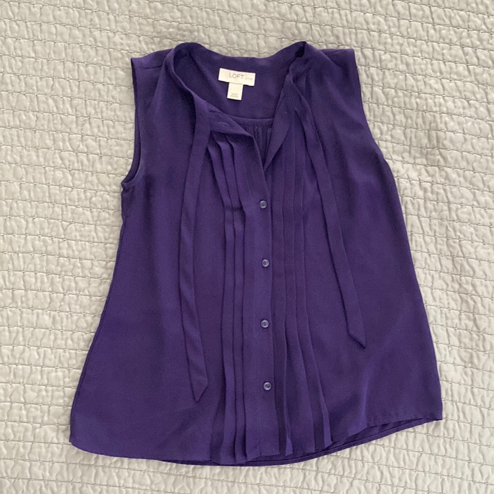LOFT Outlet Tie Neck Pleated Button Front Shell, XXSP EUC